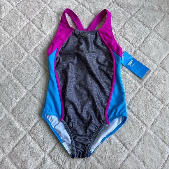 Speedo | "Heather Gray" Mesh Splice Thick Strap 1 Piece Swimsuit | Size 14 Girls - Picture 2 of 10